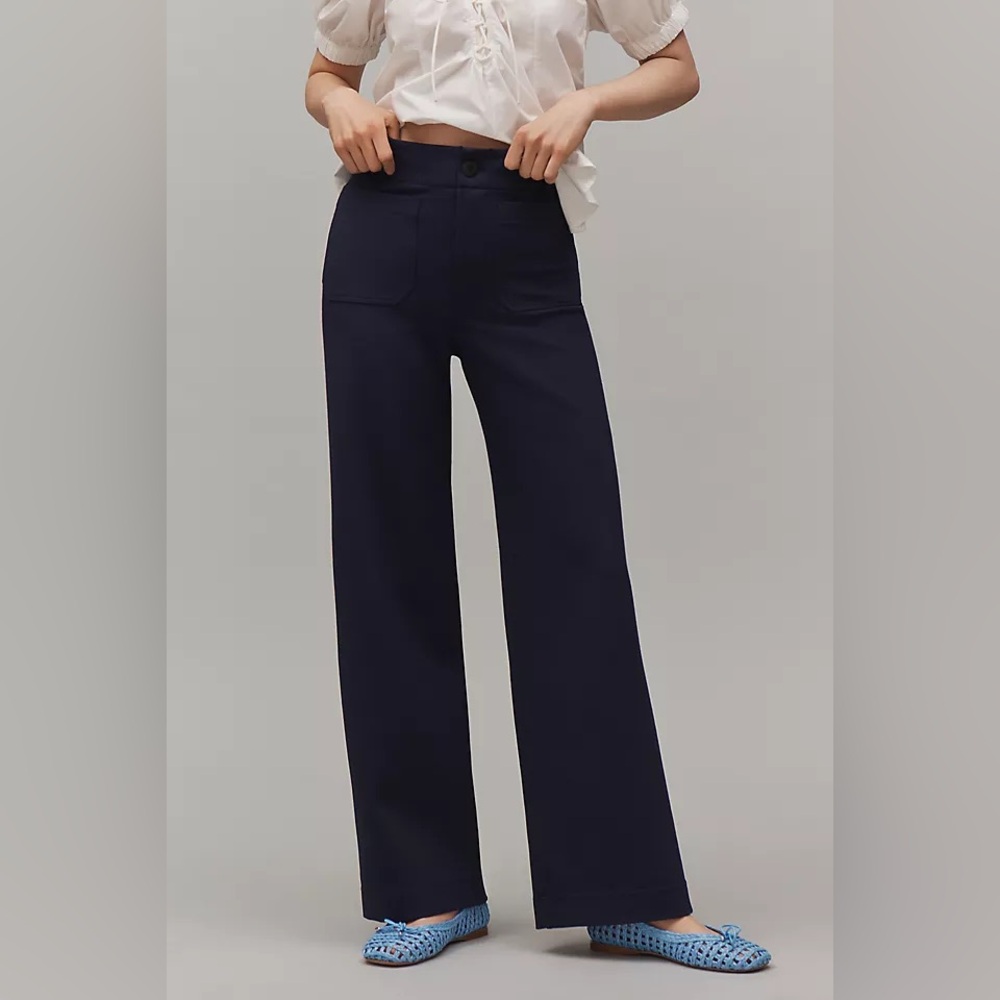 Anthropologie Navy Wide-Leg Pants with White Top - Picture 2 of 7